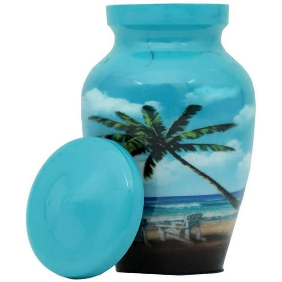 RUZIOON URNS Keepsake Urn – Lovely Blue Beach Small Keepsake Qnty 1 - Keepsake Urn for Human Ashes with 1 Velvet Box Bag-Mini Keepsake Urn - Affordable Keepsake Urn 4" H x 2.4" W x 3" L