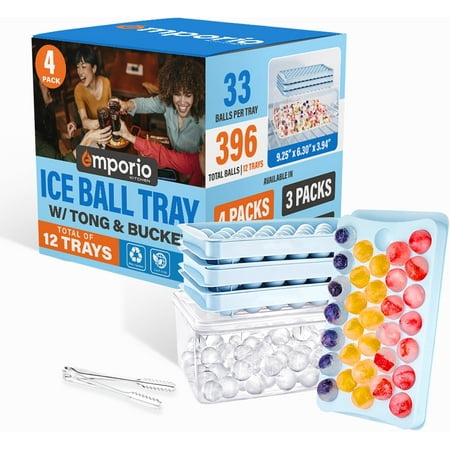 Round Ice Cube Tray with Lid and Bin – Creates 396 Ice Balls (1.1 Inch Size), Stackable Ice Cube Trays, Easy-Release Ice Balls for Drinks and Cocktails, Pack of 4 (12 Trays), Blue