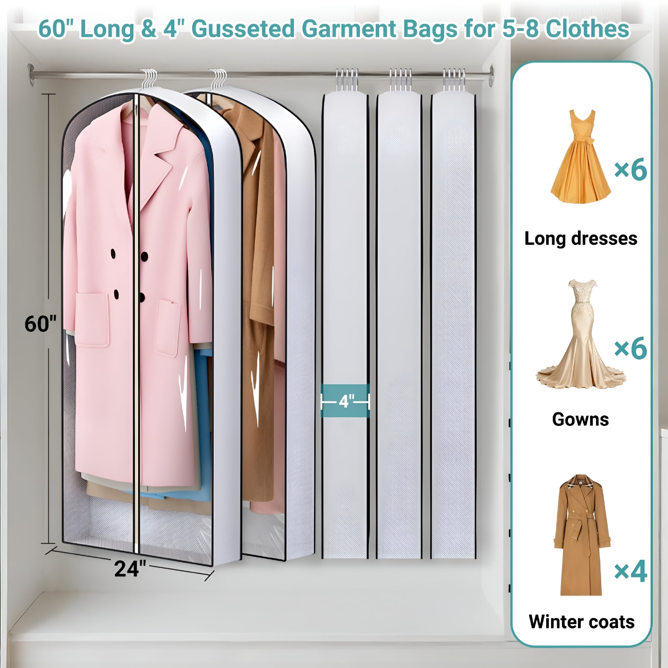AUQ 60"Long Hanging Garment Bags for Closet Storage Gusseted Clear Dress Bag for Clothes,Gowns,Coats,Suits,5 Packs