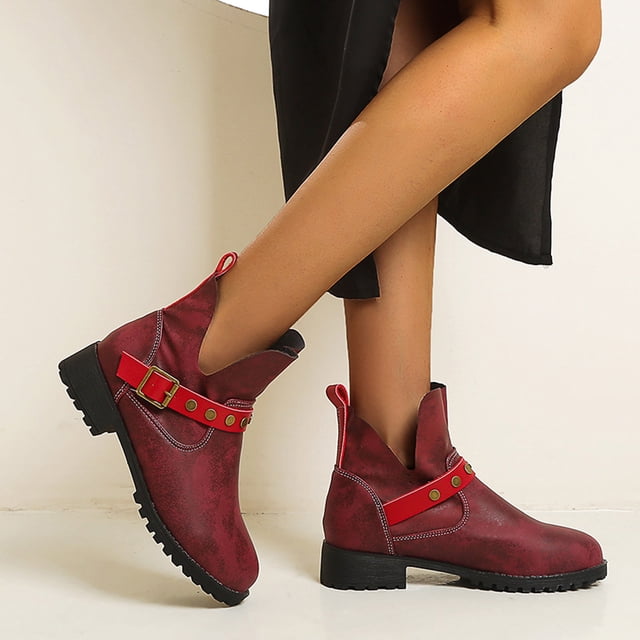Bottes Courtes d'Hiver pour Femmes avec Tête Ronde et Talons Bas et Boucles de Ceinture en Métal Solides