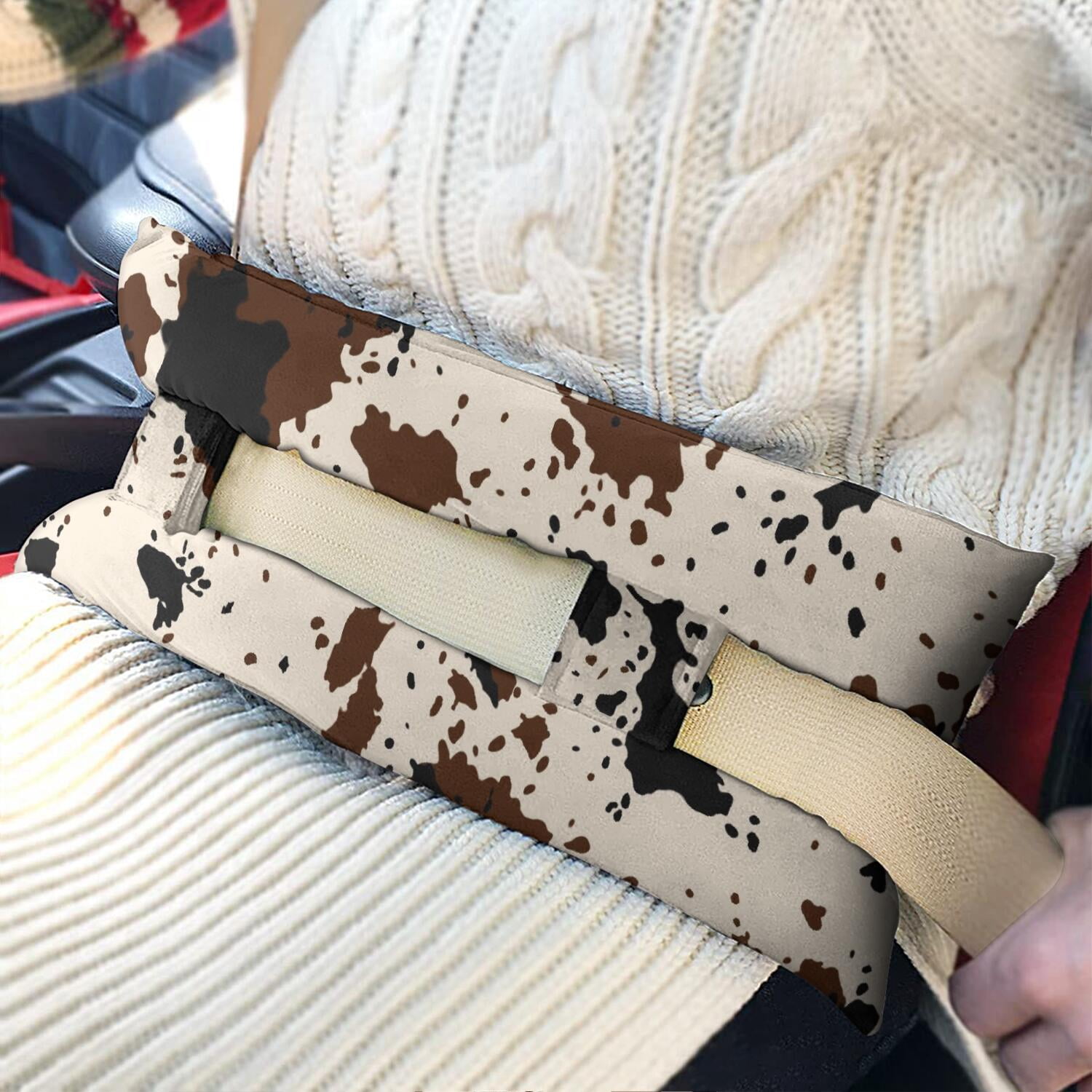 Cow Print Mastectomy Pillow for Car - Soft Post Surgery Seatbelt Cushion for Women, Heart & Breast Surgery Recovery, Farmhouse Style Pressure Relief Pad with Hook-and-Loop Straps