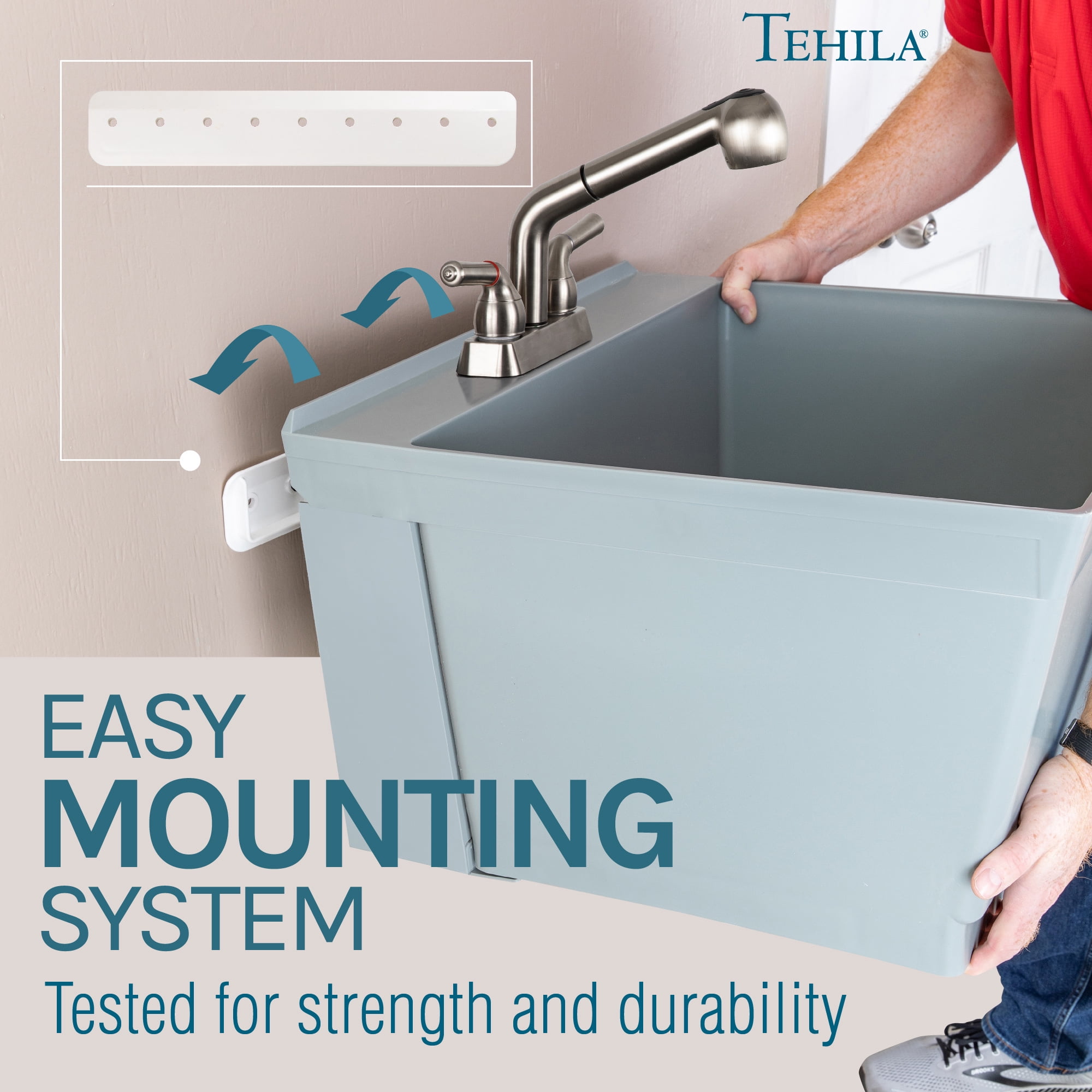 Tehila Wall Mounted Gray Utility Sink with Stainless Finish Pull-out Faucet
