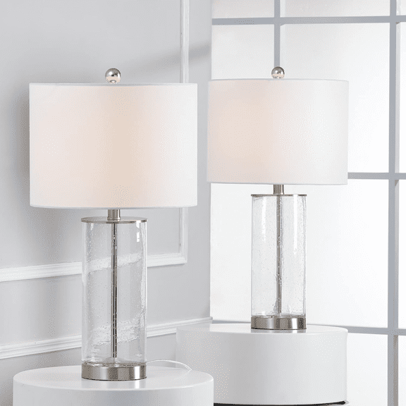 Set of 2 Clear Glass Table Lamps, 23.25 Nickel Finish, Modern Bedside Lamp for Living Room Bedroom Office Study, with White Fabric Shade, 3 Way Dimmable End Table Lamp