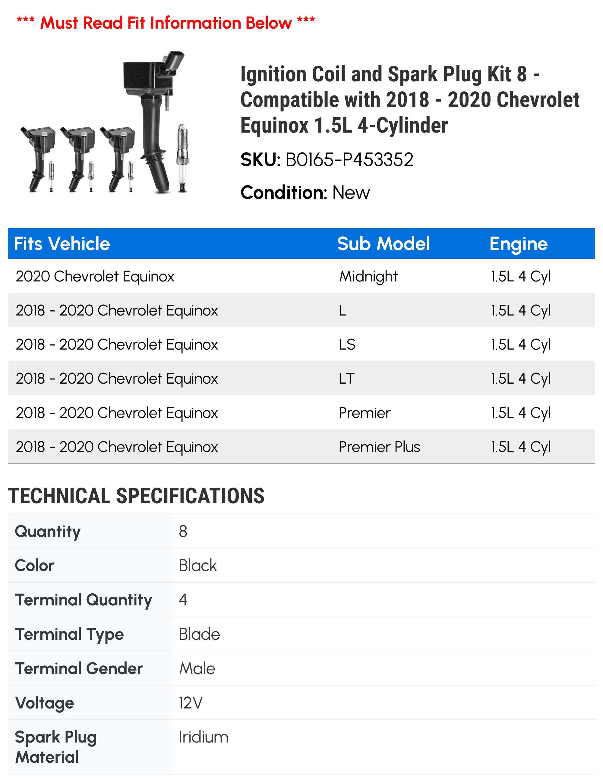 Ignition Coil and Spark Plug Kit 8 - Compatible with 2018 - 2020 Chevrolet Equinox 1.5L 4-Cylinder - Autopart Premium