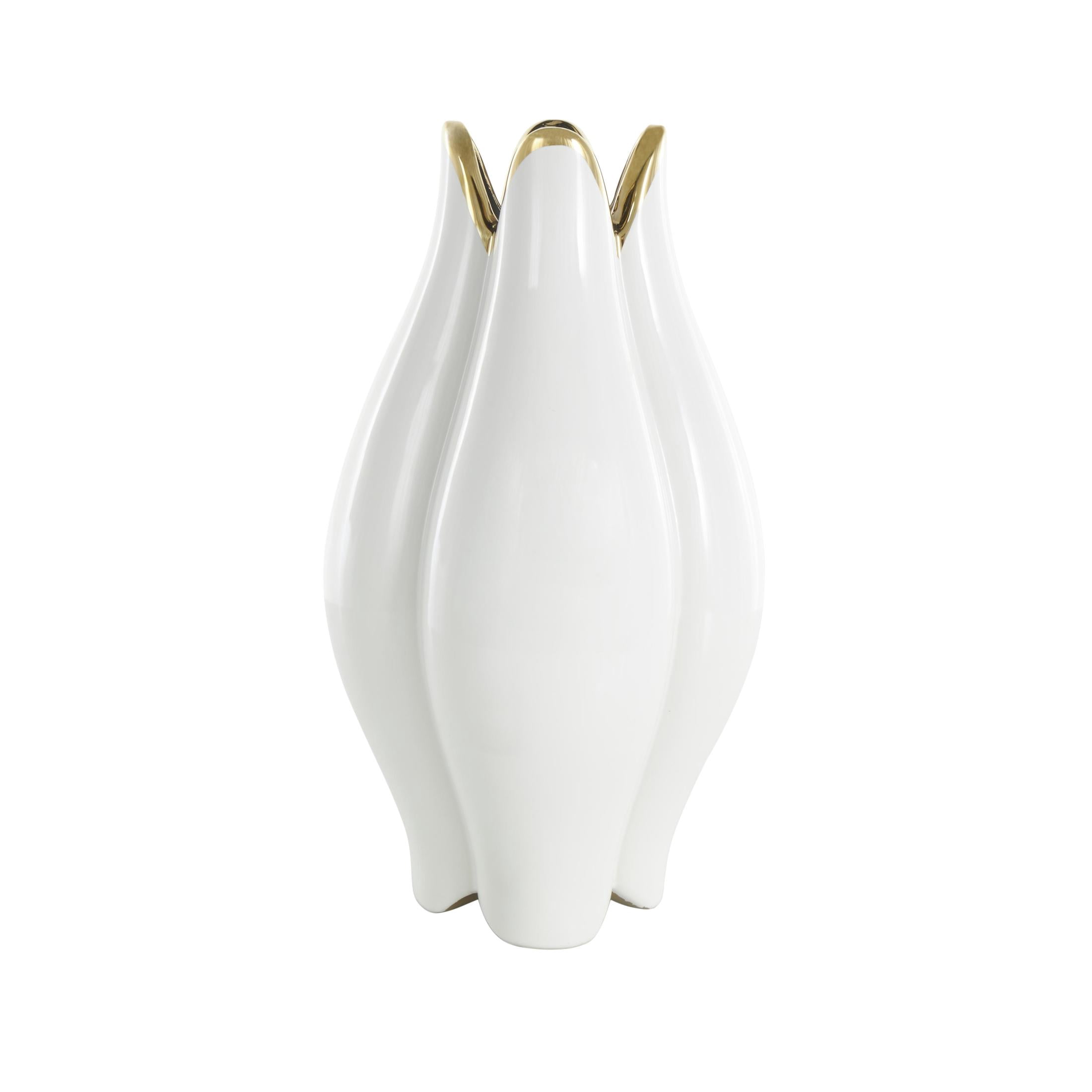 DecMode 16" Floral Dimensional Shaped White Ceramic Vase with Metallic Gold Rim