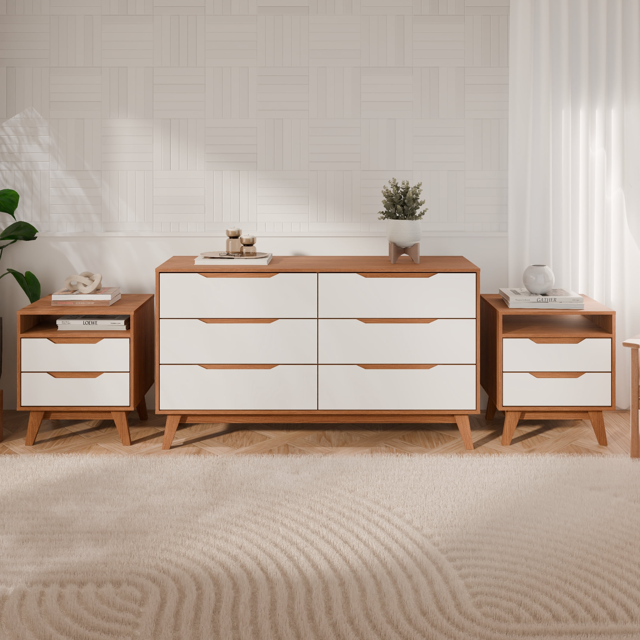Kappesberg Bedroom Furniture Set with 6-Drawer Dresser and 2 Nightstands, Golden Oak/White – Modern Storage Combo