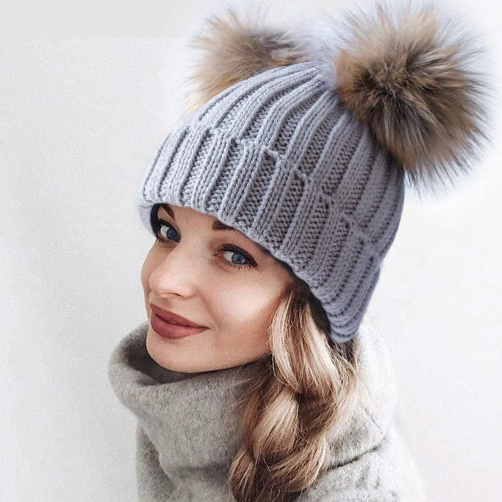 Womens Winter Double Pom Pom Beanie 