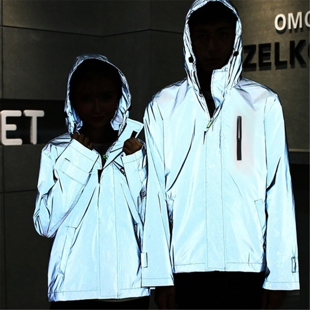 Asibeiul Couple Men's Women Reflective Jacket Harajuku Hoodie Windbreaker  Coat Zip Sweatshirt Hi-Vis Hooded Winter Streetwear (S, Black) at   Women's Clothing store