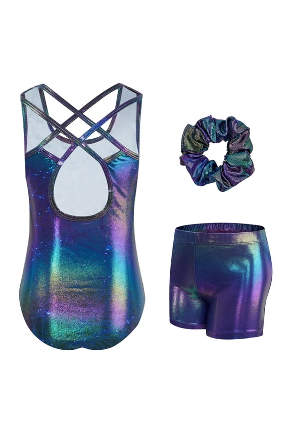 Gymnastics Leotards for Girls with Cross Back,Sparkly Dance Unitards with Shorts Biketards Outfit for 3-12 Years