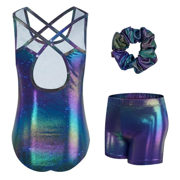 Gymnastics Leotards for Girls with Cross Back,Sparkly Dance Unitards with Shorts Biketards Outfit for 3-12 Years
