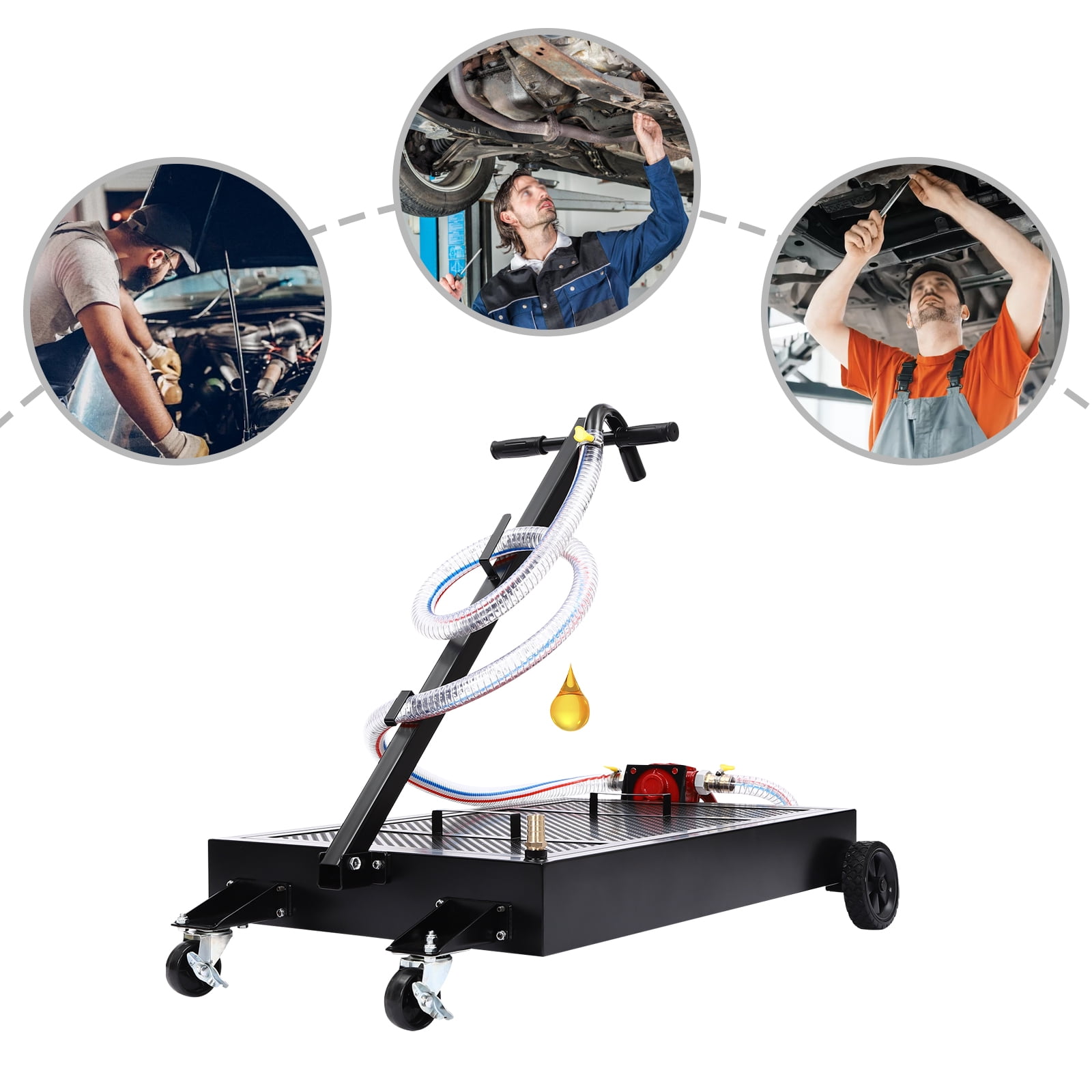 Oil Drain Pan 15gal, High-Quality Steel, Electrostatic Spraying, Manual Rotary Pump, Easy to Use and Move, Ideal for Workshop Disposal