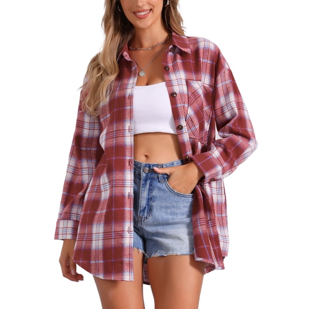 CAMISA DE FLANELA A CUADROS VINTAGE PARA MUJERES INSPIRE CHIC, DE MANGA LARGA, CON BOTONES Y CUELLO DESCENDIDO, BLUSAS CASUAL, CáRDIGAN L, ROJO OSCURO
