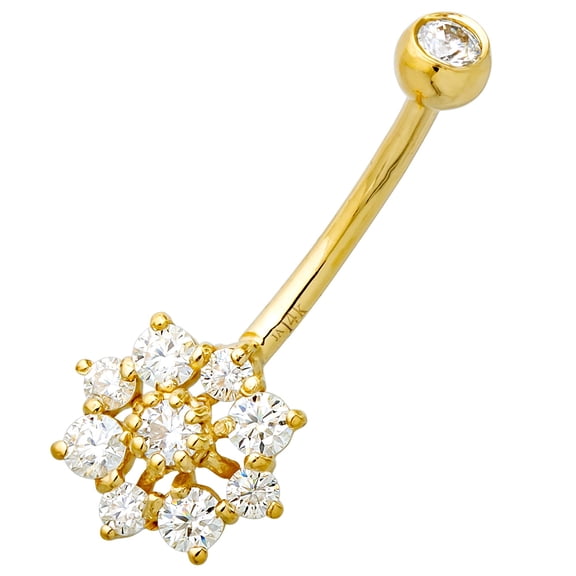 14K Yellow Gold Snowflake Belly Button Ring with 0.55 cttw VVSI Moissanite Gemstones, 14G Banana Barbell, 9/16" 14mm Barbell Navel Piercing Jewelry 14KBR018YG