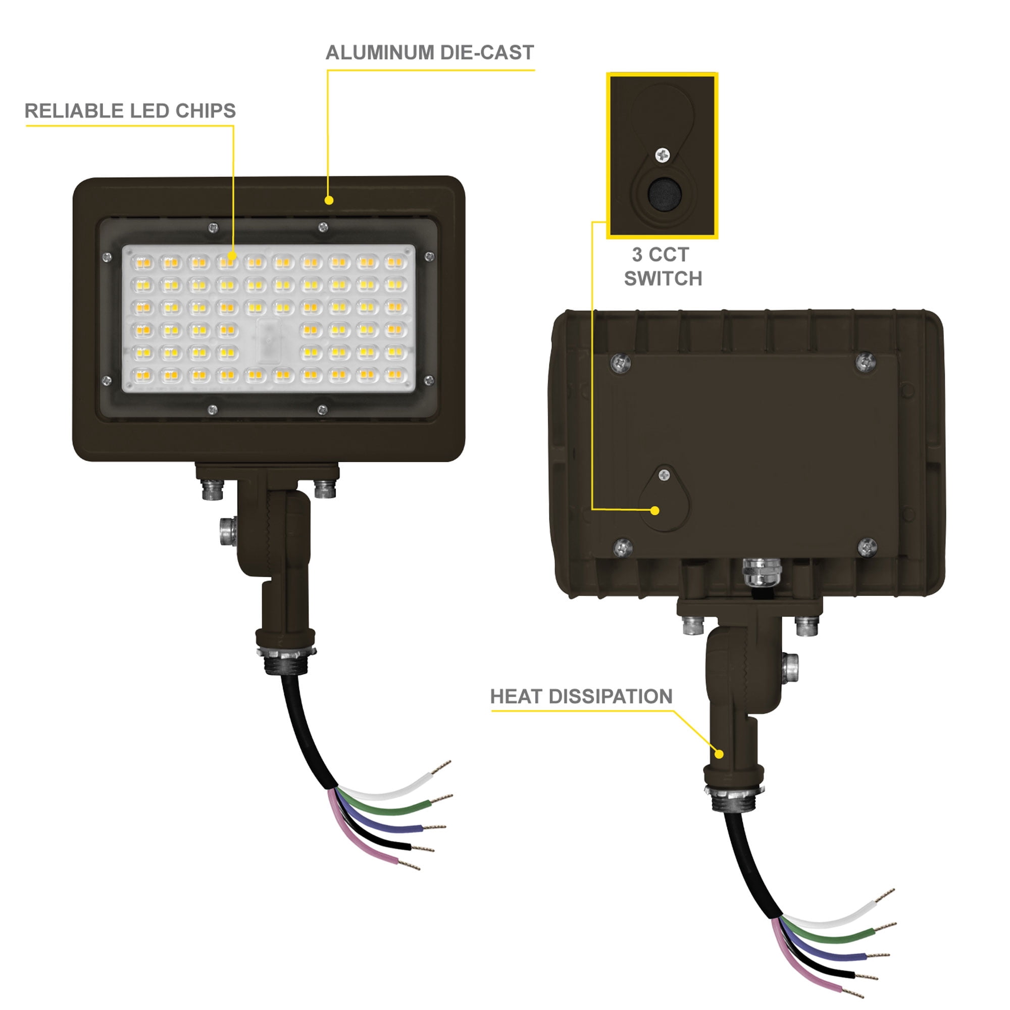 NUWATT 30W LED Flood Light, 3CCT 3000K/4000K/5000K Selectable, IP65 Waterproof Lighting, Adjustable Knuckle Mount, 4200LM, 0-10V Dimmable, 120-277V, Outdoor Security Floodlight for Yard, Bronze, UL