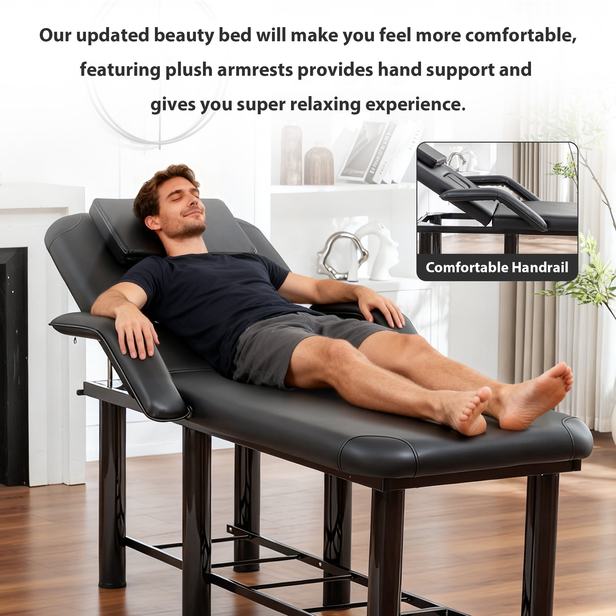Miniyam 73.7" x 26.8" x 25.6" Professional Beauty Bed – Removable Headrest & Breast Cushions, Armrests, Storage Shelf – for Massage, Facial, Tattoo, Spa – Black