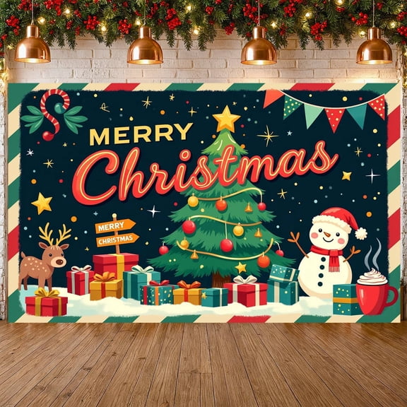 Christmas Tree Merry Christmas Banner Snowman Holiday Backdrop Reindeer Gift Boxes Xmas Display for Christmas Party Home Decoration Family Celebration