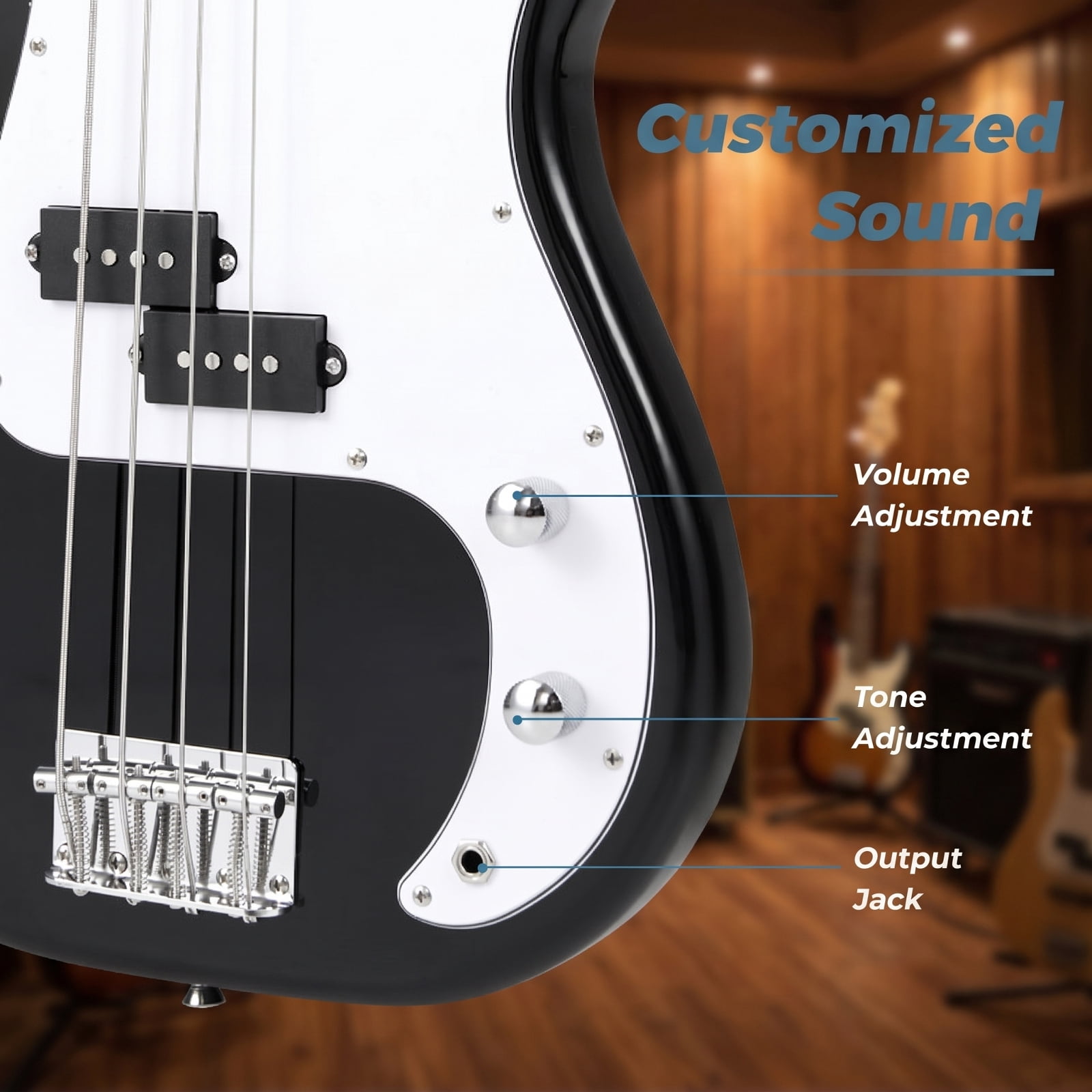Redsmile 45.5-Inch Electric Bass Guitar with Double Pickups, Gig Bag, Truss Rod and Beginner Bundle, Black