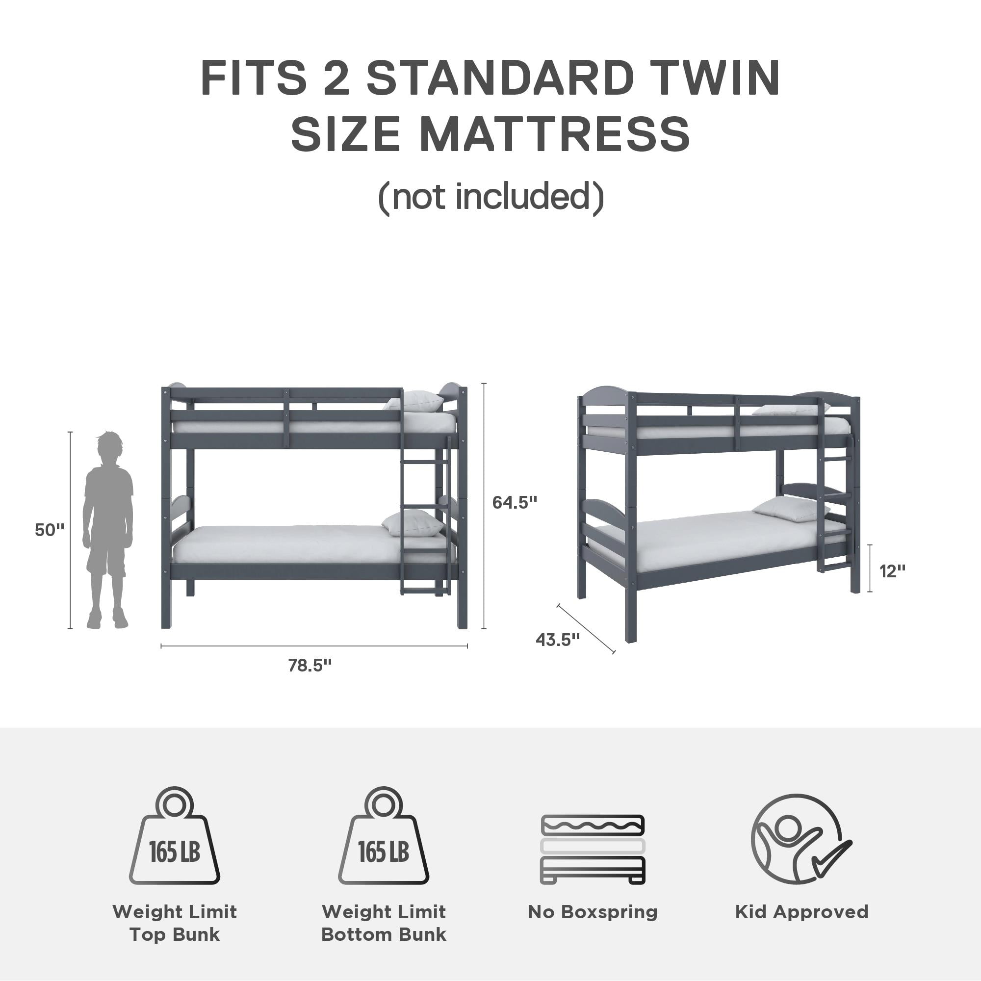 Better Homes & Gardens Leighton Solid Wood Twin-over-Twin Convertible Bunk Bed, Gray