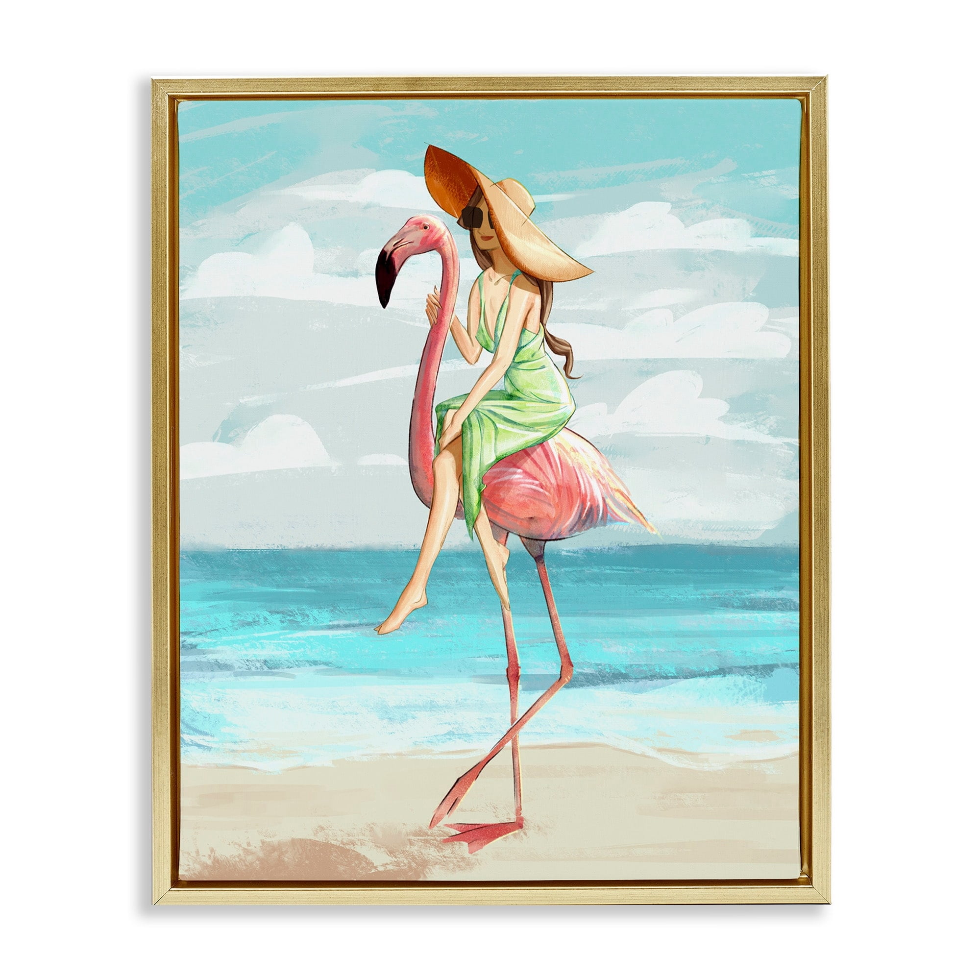 Stupell Industries Beach Woman Riding Pink Flamingo Tall Tropical Bird Metallic Gold Framed Floating Canvas Wall Art, 24x30, by Ziwei Li