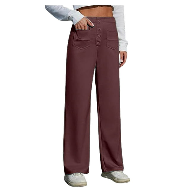 Pants For Women High Waist Solid Straight Leg Buttons Work Business Pant With Pockets Clearance Slacks For Women Wine XXXXL