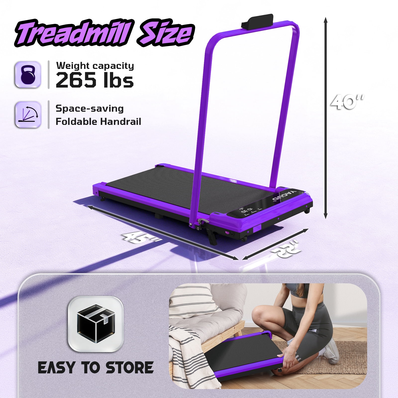 Yagud Walking Pad Treadmill with Handle Bar and Adjustable Incline, 3.8HP Portable Electric Treadmills with Wheels for Home, Home Treadmills with Incline, 0.5-3.8MPH, Purple