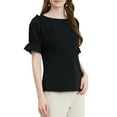 thumbnail image 4 of INSPIRE CHIC Women's Boat Neck Short Puff Sleeves Ruffle Top Blouses XL Black, 4 of 7