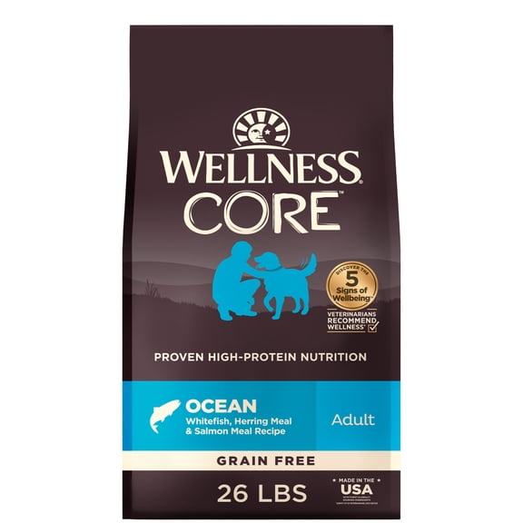 Wellness CORE Dry Dog Food, Grain Free, High Protein, Natural, Ocean Whitefish, Herring, & Salmon Recipe, (26-Pound Bag)