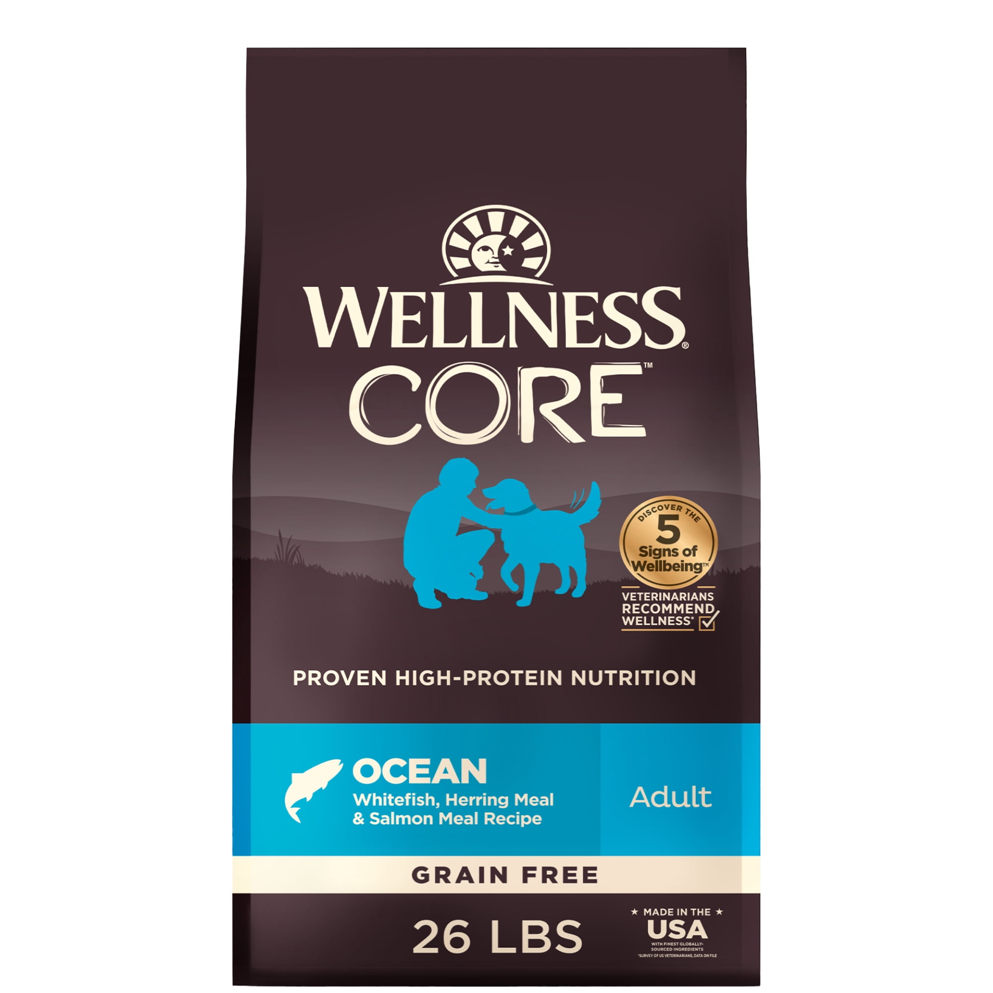 Wellness CORE Dry Dog Food, Grain Free, High Protein, Natural, Ocean Whitefish, Herring, & Salmon Recipe, (26-Pound Bag)