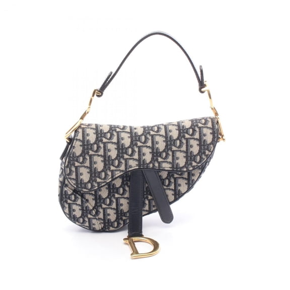 Pre-Owned Christian Dior Dior Saddle Bag Oblique Handbag Canvas Leather Women's Navy Beige