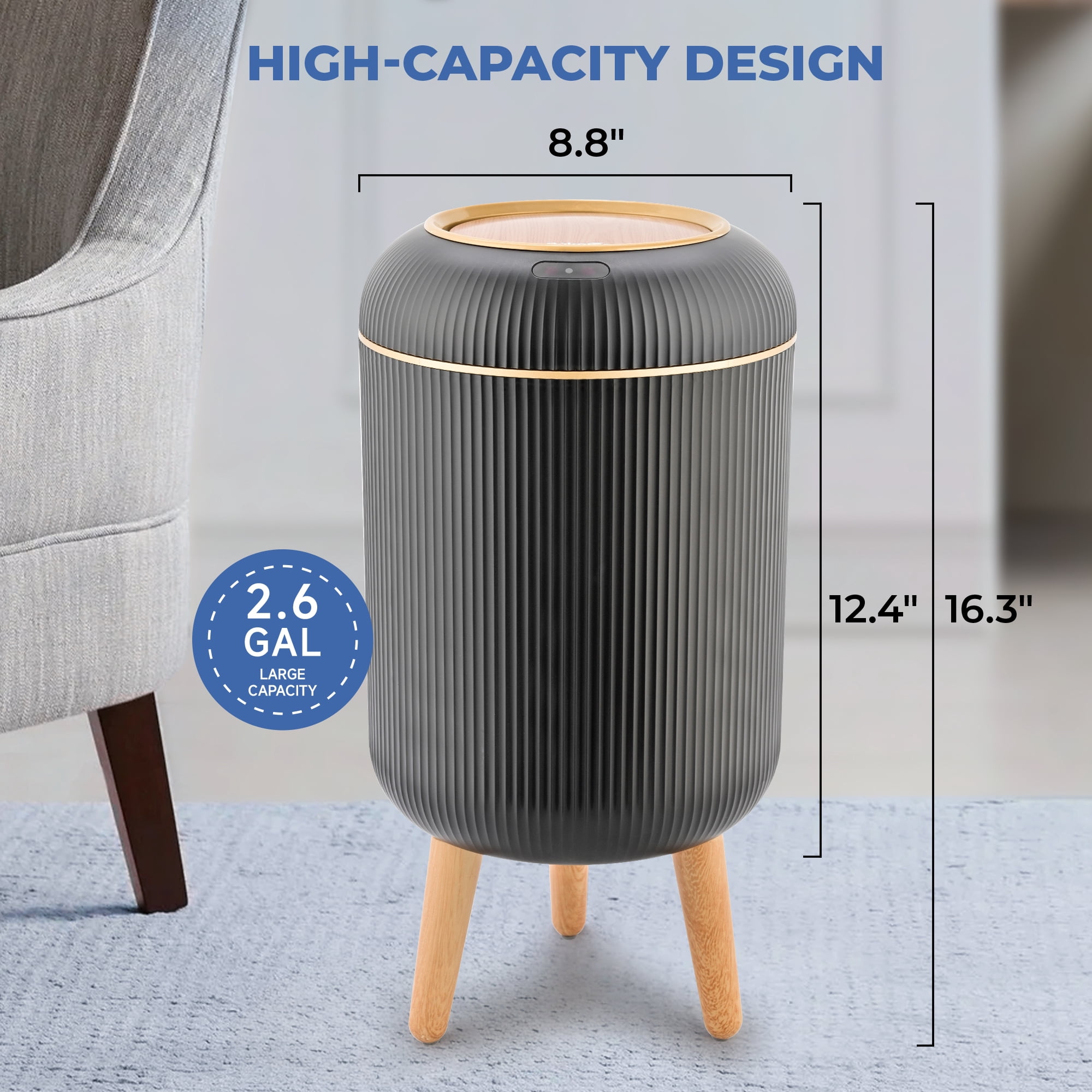 SUSLAS Trash Can with Motion Sensor, Touchless Automatic Lid and Waterproof Design, Smart Waste Bin for Bathroom Kitchen, 2.6 Gallon Plastic, Black
