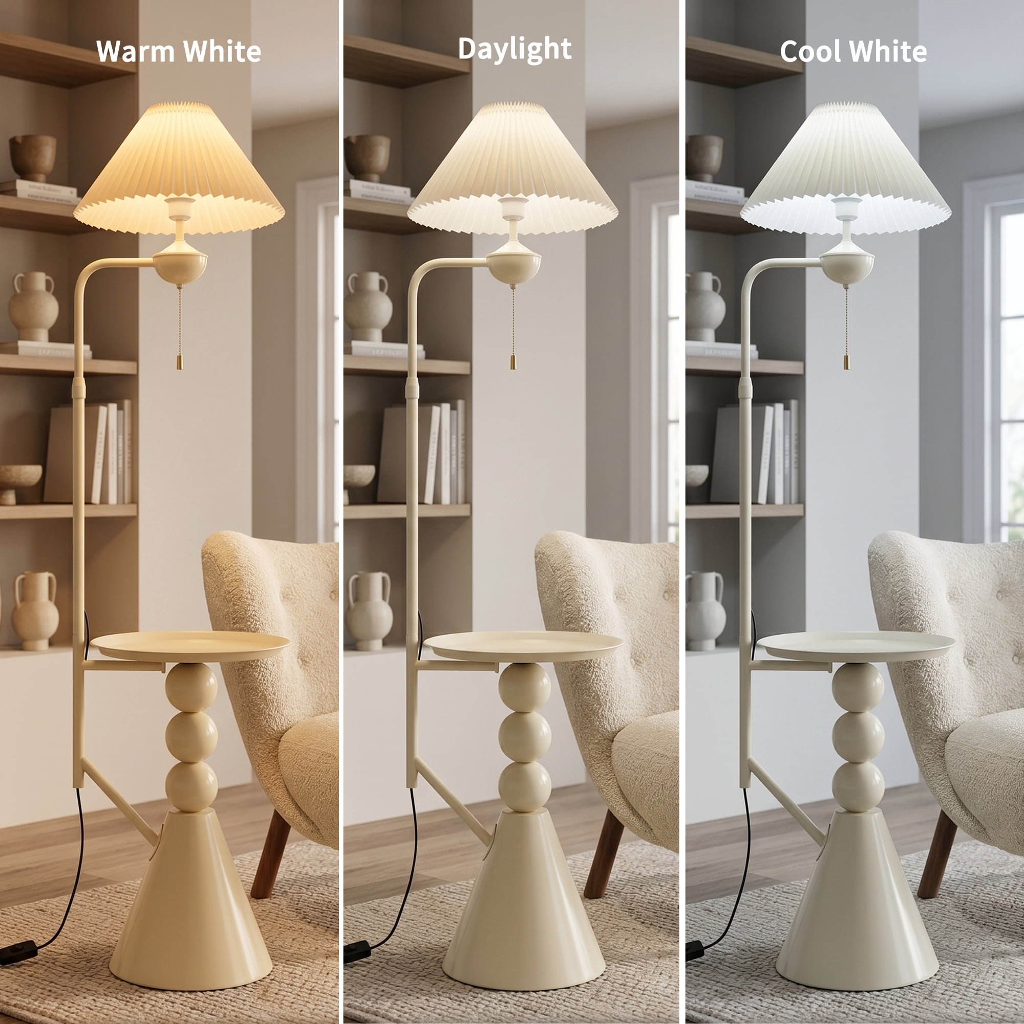 AFANQI15-inch Cream-colored Side Table Floor Lamp with Side Table Design; Suitable for Living Room, Bedroom, and Study; Nordic Minimalist Floor Lamp