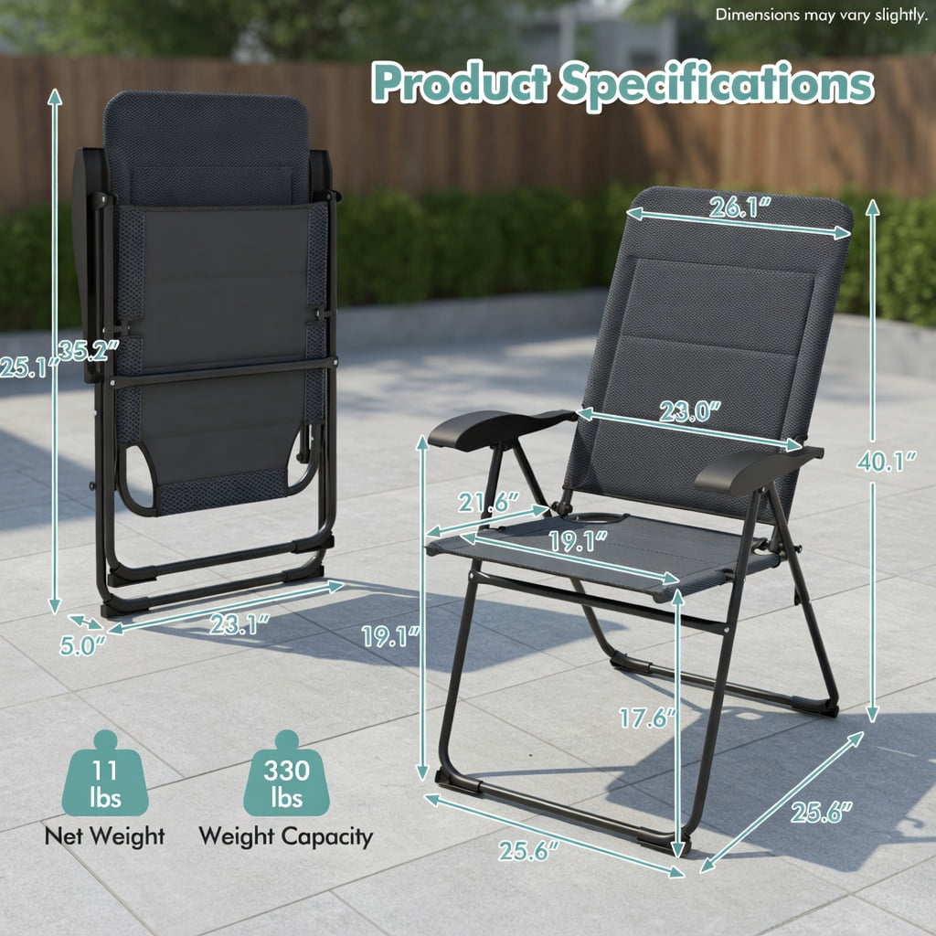 Hommoo 2-Pack Foldable Outdoor Patio Chairs with 7-Position Adjustable Backrest, Heavy-Duty Steel Frame, Breathable Oxford Fabric, for Backyard, Bistro, Camping & Balcony, Gray
