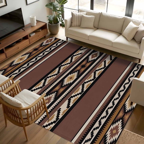 8x10 Area Rugs, Brown Boho Non-Skid Rubber Backing Large Rectangle Rugs - Living Room Bedroom Home Office, Vintage Ethnic Tribe Retro Abstract Art Indoor Floor Mat Carpets Washable Rug