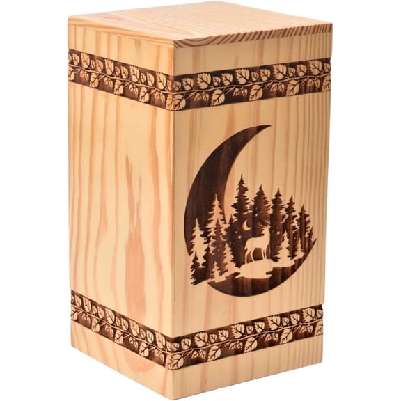 Handcrafted Pinewood UrnHuman Ashes - Beautifull Moon and Deer Tree Wooden Box - Cremation UrnPets Handmade Burial Urn BoxLoving Memories (Pinewood, L(11.25X6.25'')250CU)