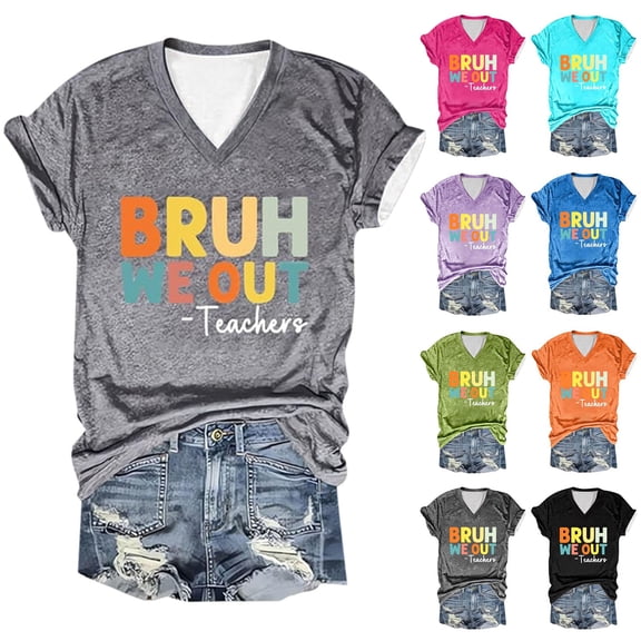 QHWAUAKFBN T Shirts For Women Trendy Bruh We Out Teachers Shirt Funny Letter Print Tee V Neck Short Sleeve Teacher Gift Tshirts Top