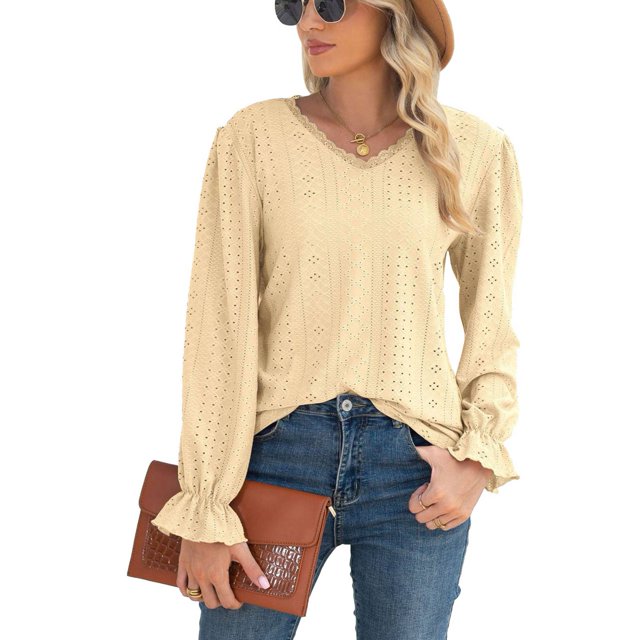Blusa de mujer con cuello en V y mangas largas de encaje con volantes huecos y puños Blusa de ajuste casual de moda para dama Amarillo L
