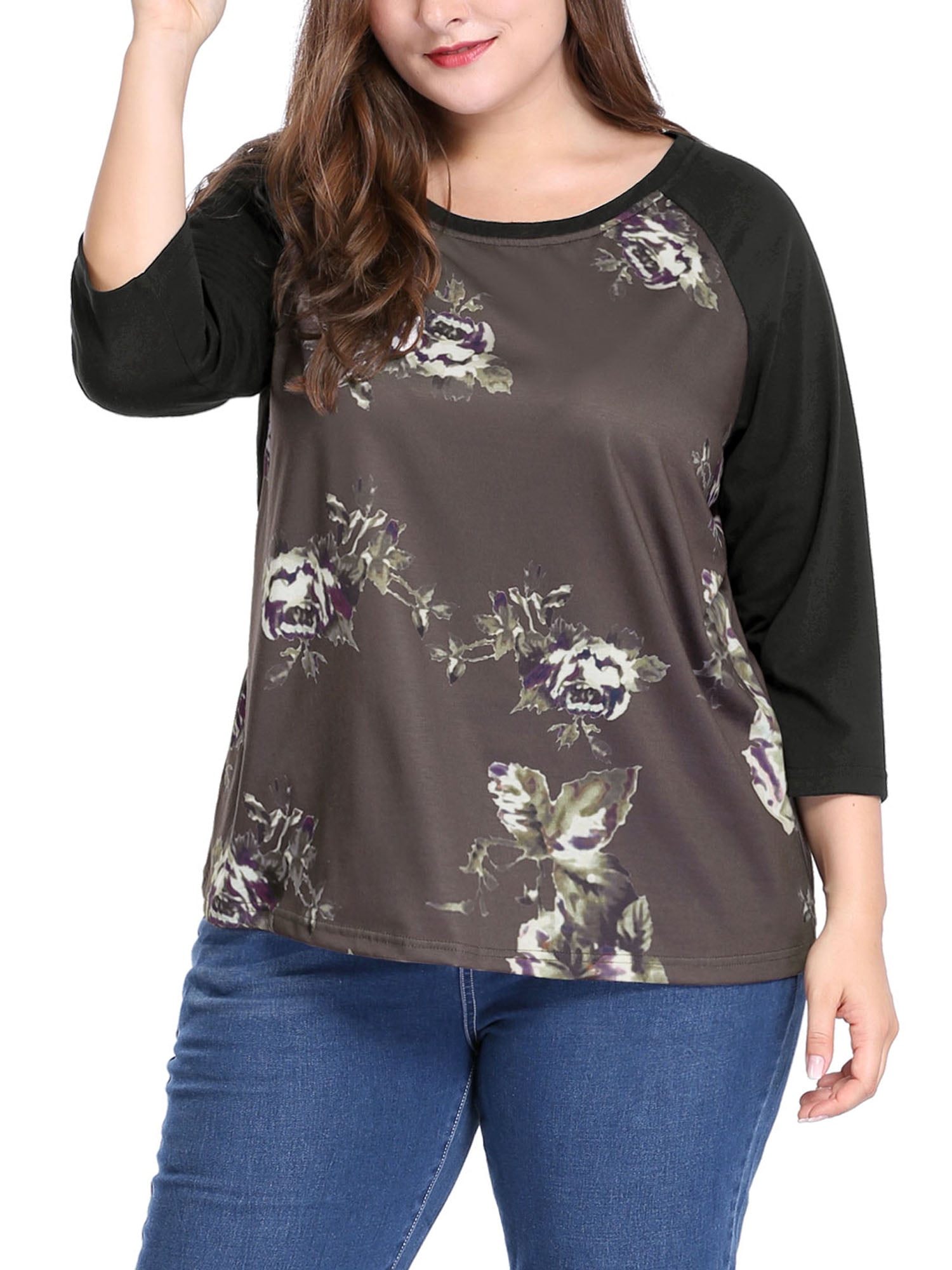 DARING DIVA Women's Plus Size Raglan Crewneck 3/4 Sleeve Floral Tunic Tee 1X Coffe