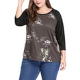 thumbnail image 2 of DARING DIVA Women's Plus Floral Tops Round Neck 3/4 Sleeves Blouse 1X Coffee, 2 of 6