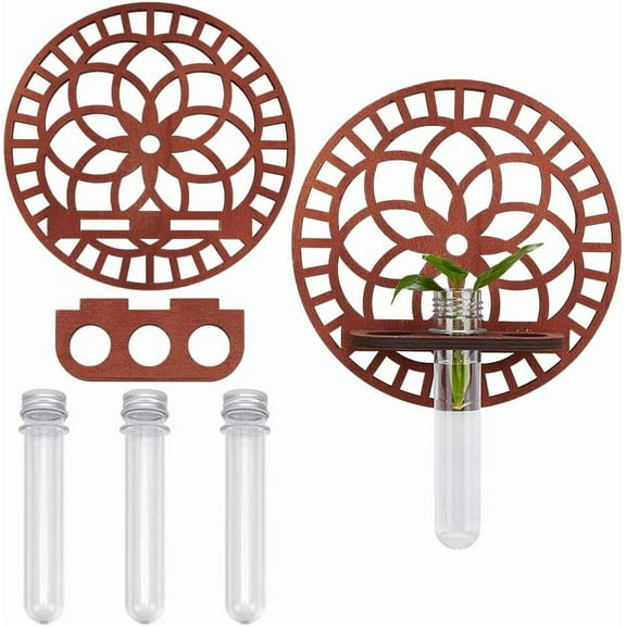 Brown 1Set Wood Wall Propagation Station Round Wall Hanging Terrarium with Wooden Stand Decorative Planter Terrarium 3 Test Tube Propogation Vase for Home Office Modern Farmhouse Decor