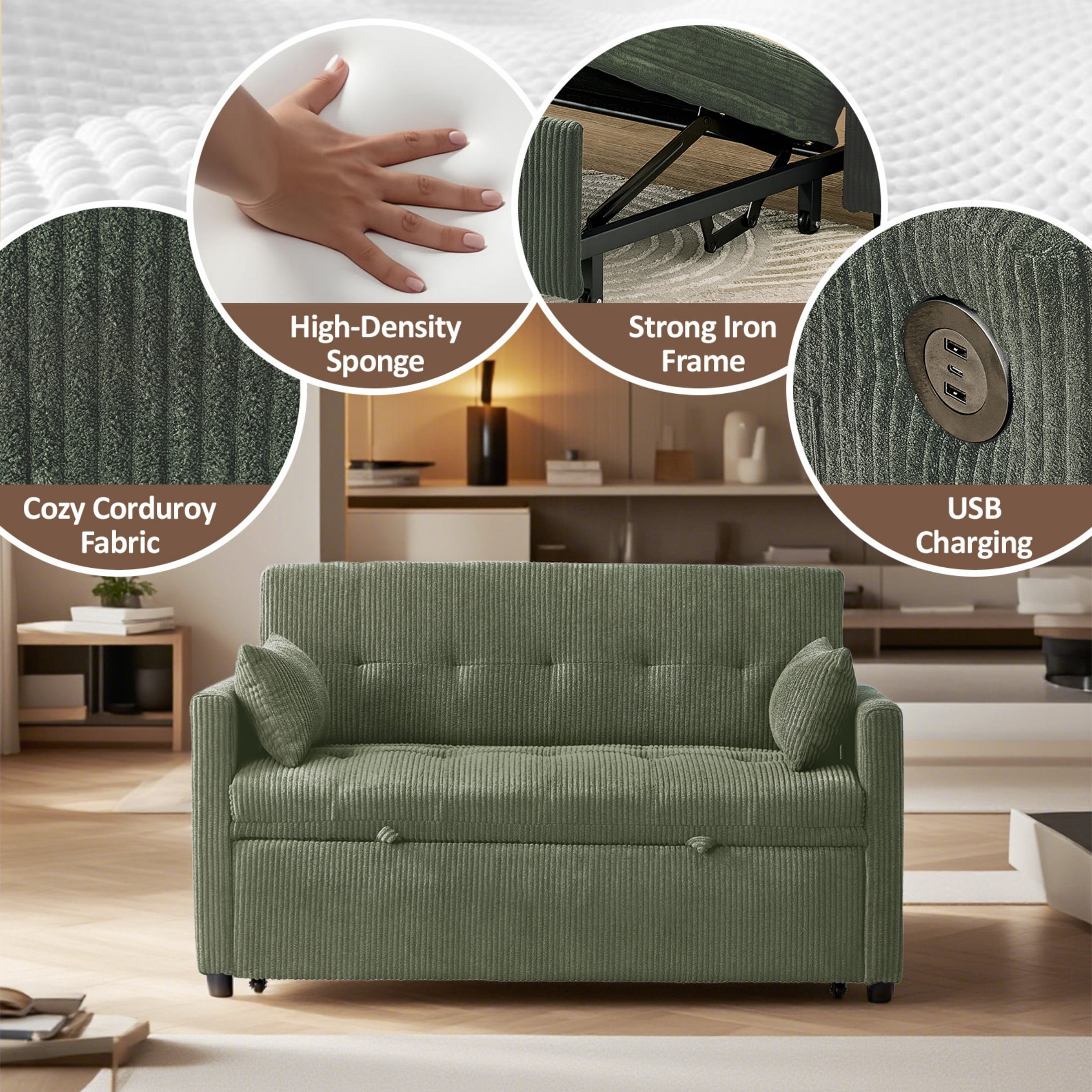 Loveseat Sleeper Sofa,Convertible Sofa Bed,3-in-1 Modern Couch with Pull Out Bed,Sofa Bed with Pockets and USB for Small Spaces,Green