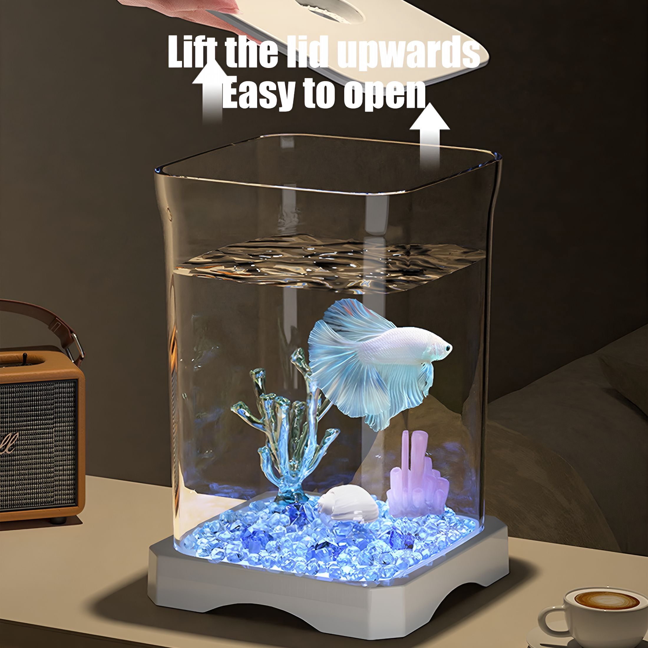 HIBIBUD Self Cleaning Fish Tank, 7in Small Fish Tank, Beginner Fish Tank with LED Light Decorations \u0026 Whisper Filters Water Pump, Fish Aquarium for Desktop Room Decor (White)