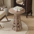thumbnail image 4 of COZAYH Rustic Farmhouse Wooden End Table, Distressed Round Accent Table with Intricate Carved Floral Patterns, Boho, for Living Room, Bedroom, or Entryway, Distressed Wood Color, 4 of 5