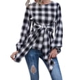 thumbnail image 4 of Blouse à Carreaux pour Femmes, Col Rond, Manches Longues Lanterne, 4 of 5