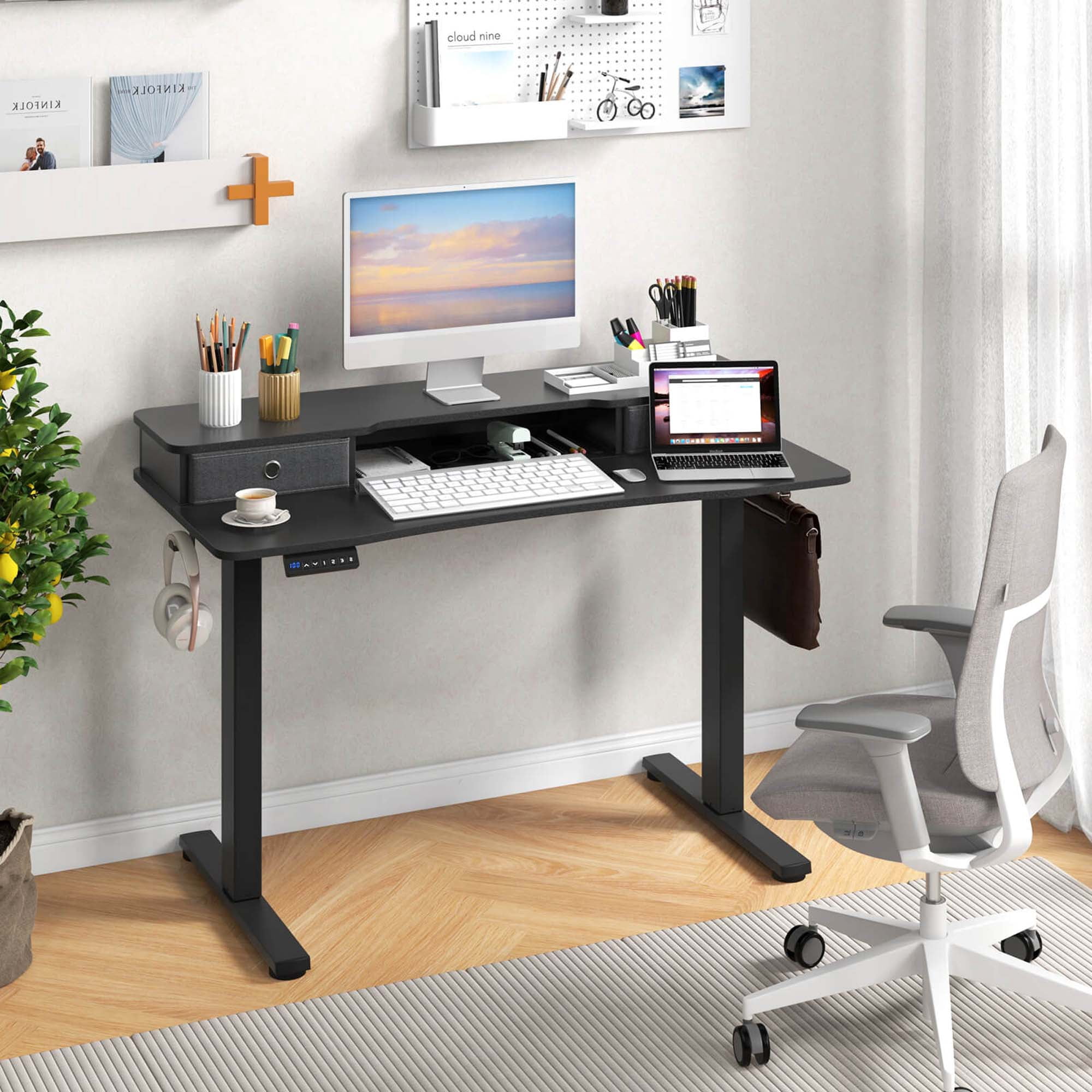 Costway 48"x 24" Electric Standing Desk with 2 Drawers Monitor Stand Storage Shelf Black