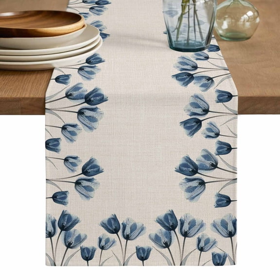 Blue Spring Floral Table Runner, Tulip Summer Botanical Washable Cotton Linen Table Runners 36 Inches Long, Dresser Scarf Runner for Nightstand/End Tables/Round Tables 13''x36''