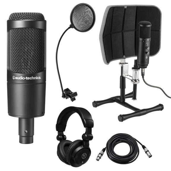 Audio-Technica AT2035 Cardioid Condenser Side-Address Microphone, - Bundle With Desktop Isolation Filter (Gray), H&A Studio Monitor Headphones, 15' XLR M to XLR F Mic Cable, On-Stage Pop Blocker