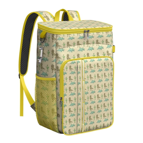 Travel Cooler Bag - LightYellow Cartoon Dinosaurs Small Dinosaurs Pattern Camping Beer Cooler Backpack with Bottle Opener- Waterproof Insulated Picnic Backpacks - Cooler Bag for Beach