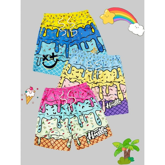 3-Pack Men's Ice Cream Print Beach Shorts - Colorful Dripping Design, Lightweight Swim Trunks with Drawstring Waist for Pool, Summer & Casual Wear
