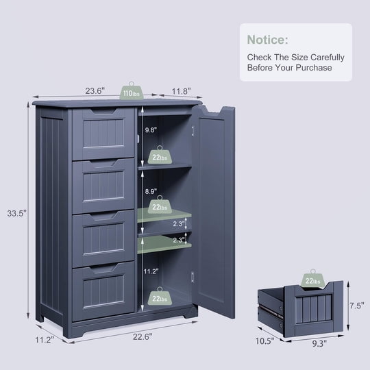 Aiho 31.5 "W Wooden Bathroom Storage Cabinet with 4 Drawers, a Cupboard and Adjustable Dividers for Bathroom,Living room,and Bedroom - Gray