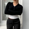 thumbnail image 2 of Knitted Crop Top Slim Fit Basic Tee Top Long Sleeve V-Neck T-Shirt Stretchy Bottoming Shirt Women Female Casual Wear Black L, 2 of 4